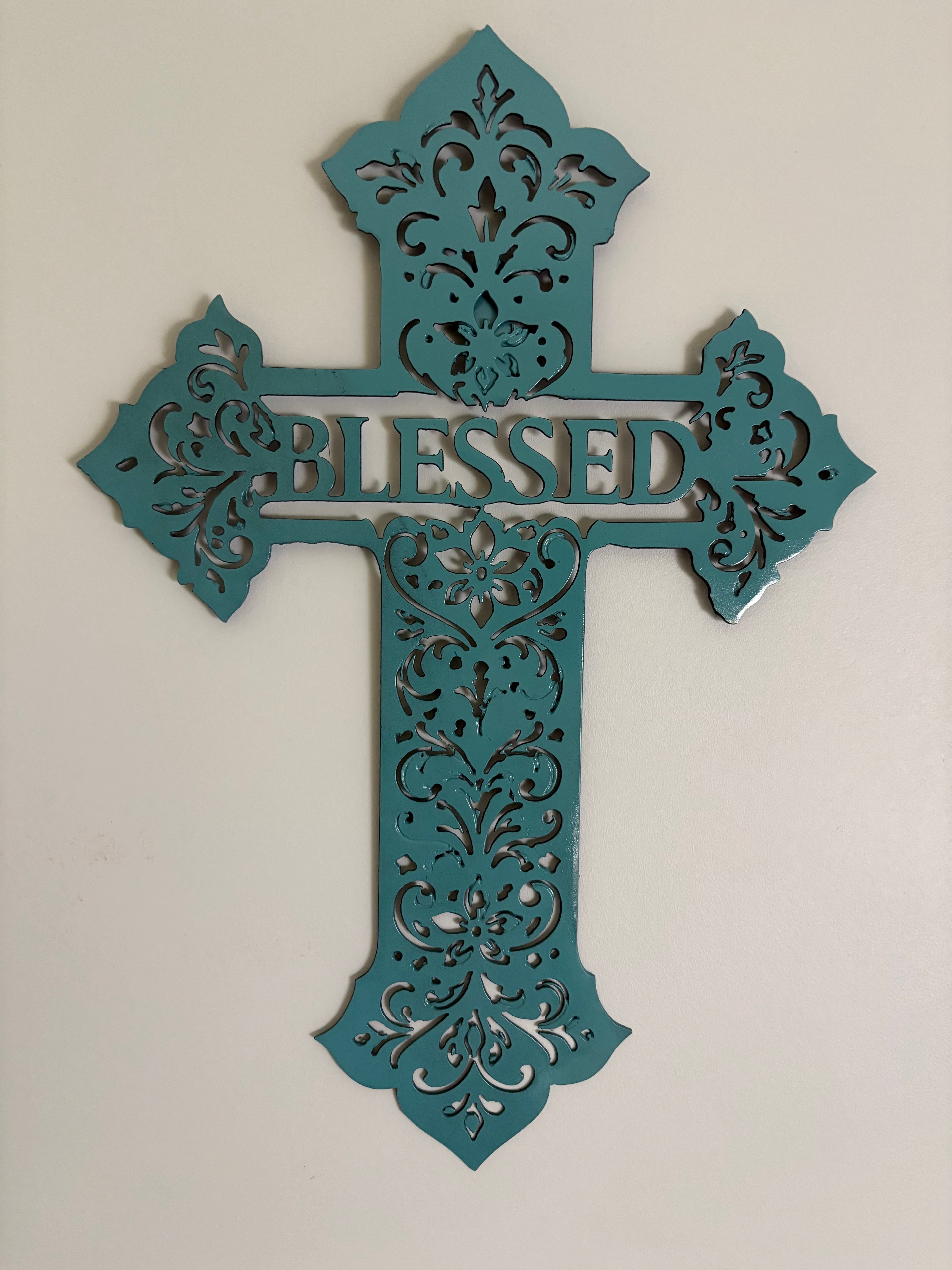 Teal Scrollwork "BLESSED" Cross — Laser-Cut Decorative Wall Hanging